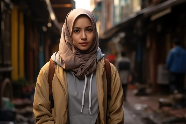 Foto een vrouw die een hijab draagt met een hoodie op de achtergrond van de stoep.