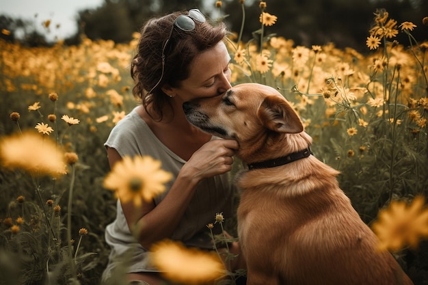 Een vrouw die een hond knuffelt in een bloemenveld