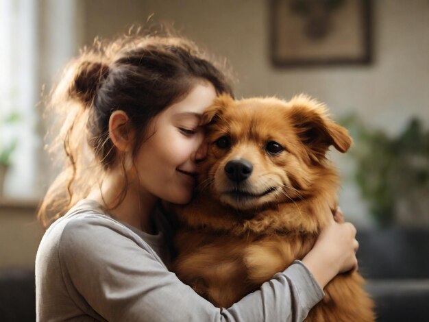 een vrouw die een hond omhelst met een vrouw die haar omhelst