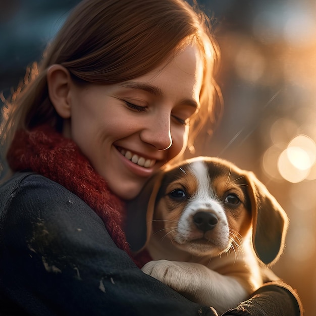 Een vrouw die een hond vasthoudt die een sjaal draagt met de tekst "ik hou van honden".