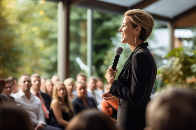 Een vrouw die een inspirerende toespraak houdt op een bedrijfsevenement