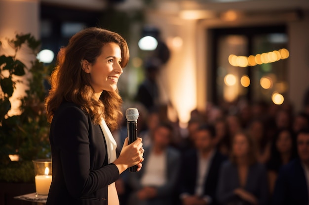 Een vrouw die een inspirerende toespraak houdt op een zakelijk evenement