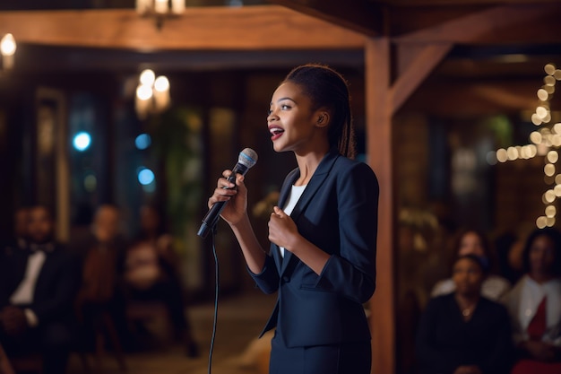 Een vrouw die een inspirerende toespraak houdt op een zakelijk evenement