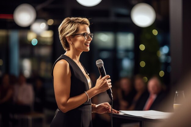 Een vrouw die een inspirerende toespraak houdt op een zakelijk evenement