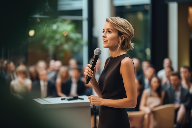 Foto een vrouw die een inspirerende toespraak houdt op een zakelijk evenement