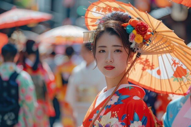 Een vrouw die een kimono draagt en een paraplu vasthoudt