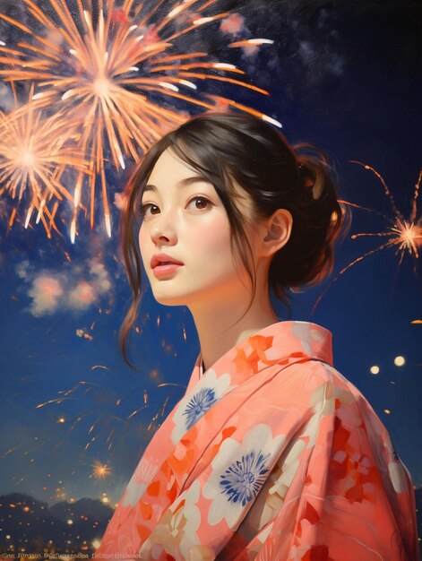 Een vrouw die een kimono draagt met vuurwerk achter haar