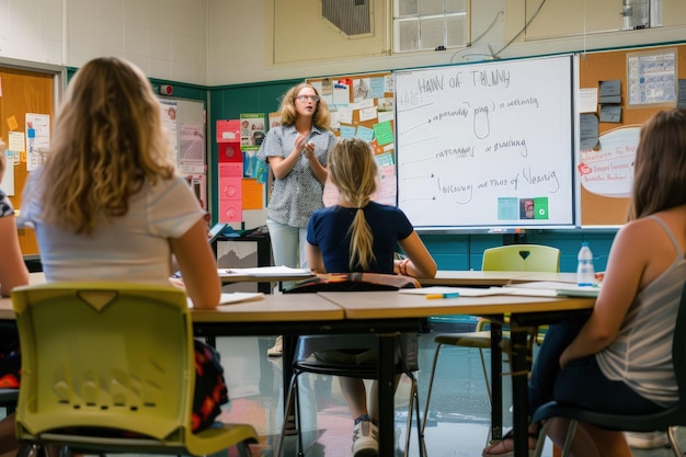 Foto een vrouw die een klas kinderen onderwijst in een klaslokaal