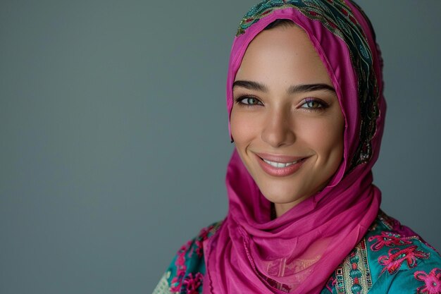 een vrouw die een kleurrijke sjaal draagt met een glimlach op haar gezicht gegenereerd door AI