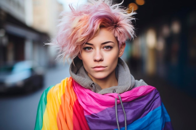 Foto een vrouw die een lgbt-vlag van dichtbij vasthoudt