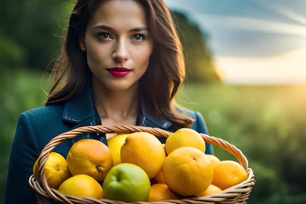 Een vrouw die een mand met sinaasappels en appels vasthoudt
