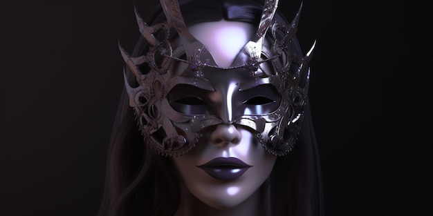 Een vrouw die een masker draagt met een gevederd ontwerp op de voorkant en het woord maskerade op de voorkant.