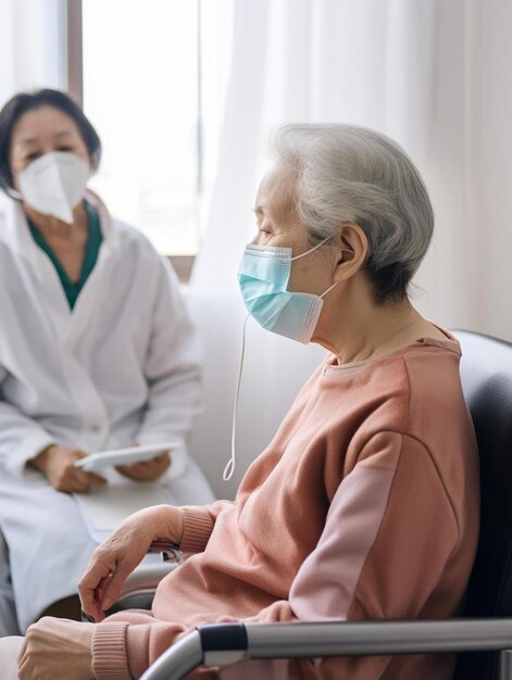 Foto een vrouw die een masker draagt met een gezichtsmasker aan