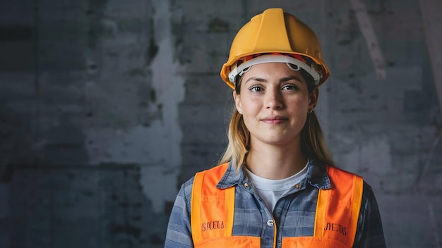 Een vrouw die een oranje vest draagt met de tekst "constructie" erop.