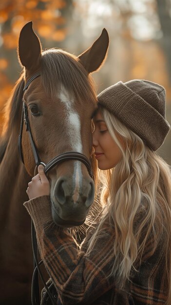 Een vrouw die een paard verzorgt.