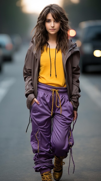 een vrouw die een paarse broek draagt die een gele top heeft