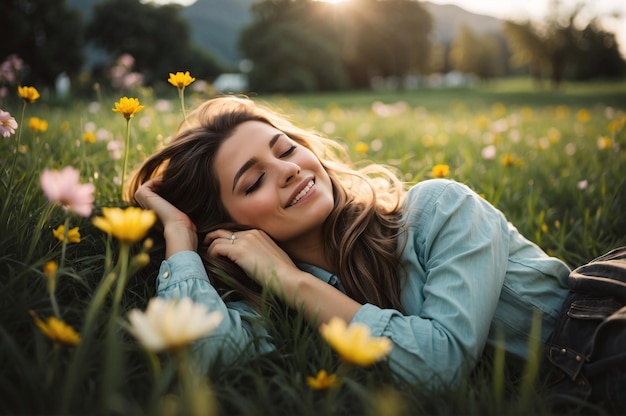 Een vrouw die een pauze neemt in het midden van een veld van bloemen in het park voorjaar en rust
