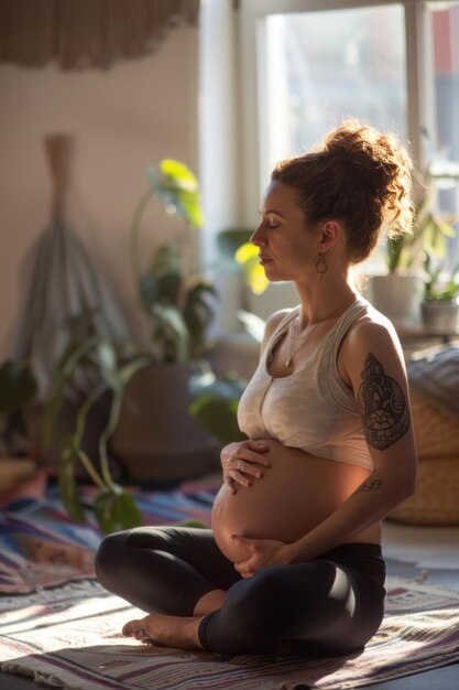 Een vrouw die een prenatale yoga-les bijwoont die zich richt op zelfzorg en voorbereiding op een traditionele zwangerschap