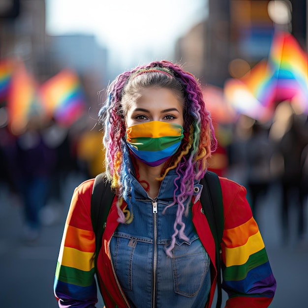 een vrouw die een regenboogkleurig gezichtsmasker draagt