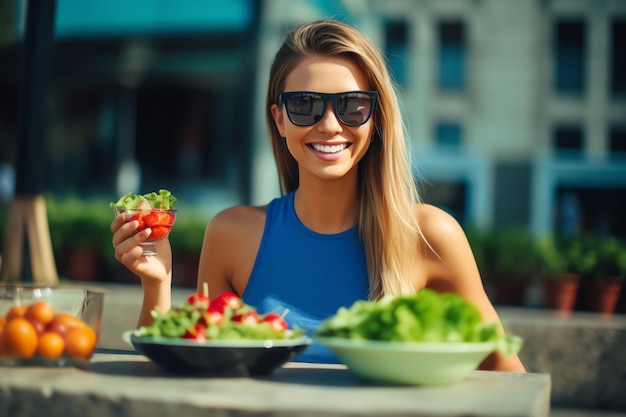 Een vrouw die een salade eet met een kom sla en een kom tomaten.