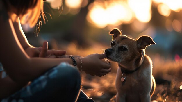 Een vrouw die een schattige rode hond aaien die op haar schoot slaapt Closeup Love Your Pet day AI Generative