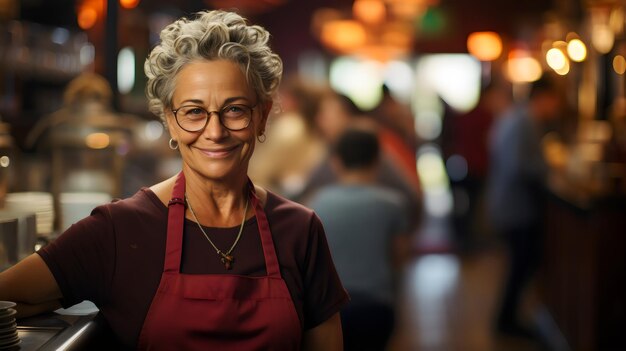 Foto een vrouw die een schort draagt met een schort dat zegt quot bob quot