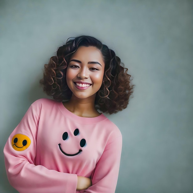 een vrouw die een shirt draagt met een smiley erop