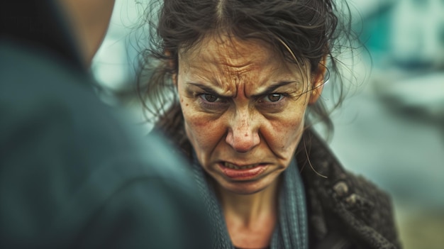 Foto een vrouw die een tegenstander tegenkomt met een gezicht vol vastberadenheid en woede.