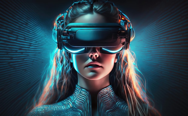 Een vrouw die een virtual reality-headset draagt met een blauwe achtergrond.