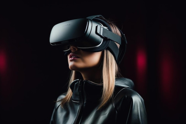 Een vrouw die een virtual reality-headset draagt met een zwart leren jack en een zwart leren jack.