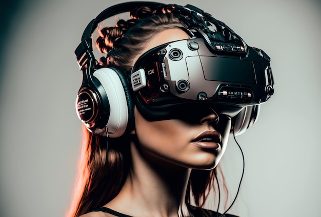 Een vrouw die een virtual reality-headset draagt met futuristische technologie-elementen Generatieve ai