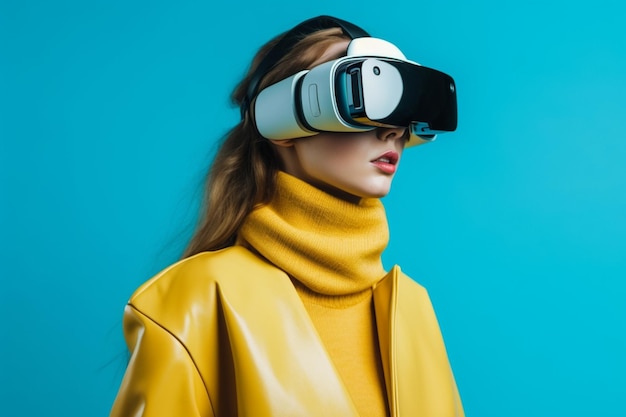 een vrouw die een virtual reality-headset draagt op een blauwe achtergrond