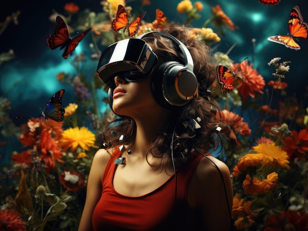 Een vrouw die een VR-headset draagt, gebruikt een surrealistische wereld en virtual reality kleurrijke bloemenvelden en een zwerm vlinders Generatieve AI