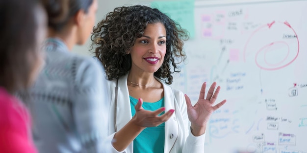 Een vrouw die een whiteboard gebruikt om een nieuwe strategie aan haar team uit te leggen