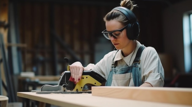 Een vrouw die een zaag gebruikt om een stuk hout te zagen