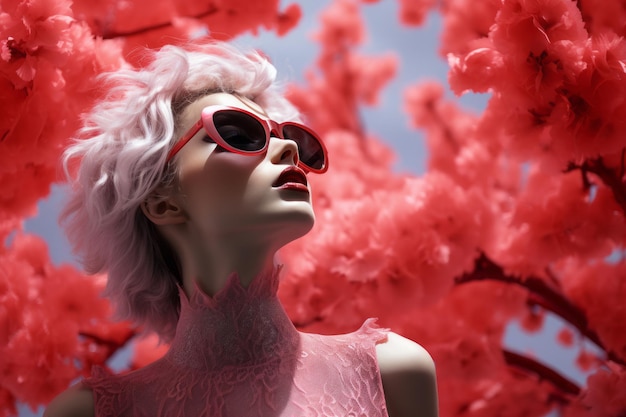 een vrouw die een zonnebril draagt voor roze bloemen