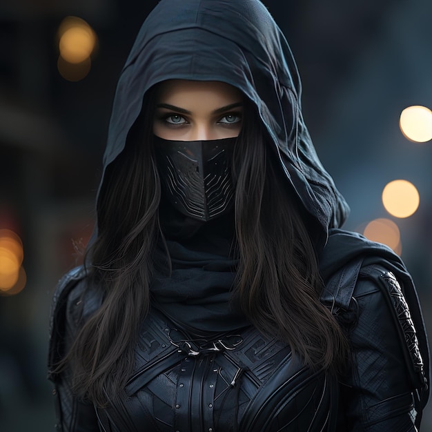 een vrouw die een zwarte cape draagt met een zwarte kap die cosplay zegt