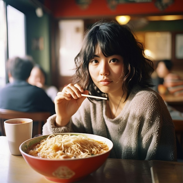 Foto een vrouw die eten eet.