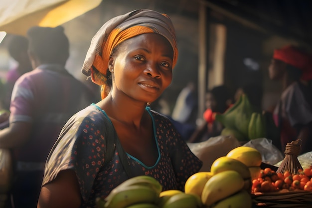 Een vrouw die fruit verkoopt op een markt