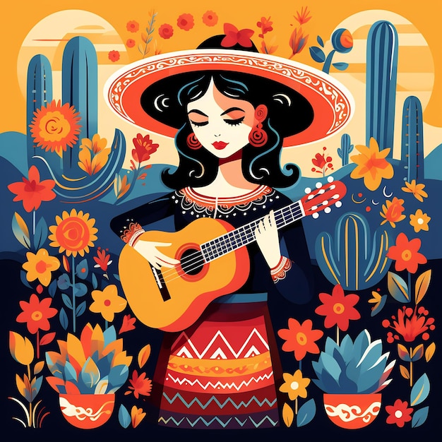 een vrouw die gitaar speelt in een veld met bloemen