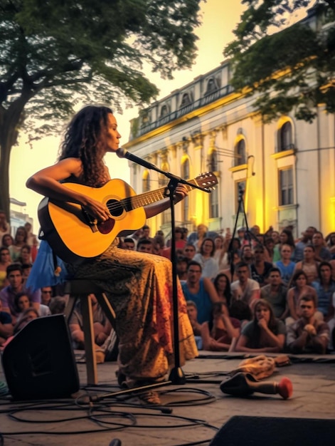 Een vrouw die gitaar speelt op een podium voor een menigte mensen.