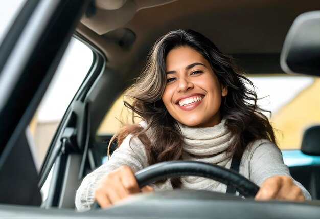 een vrouw die glimlacht in een auto met een glimlach op haar gezicht