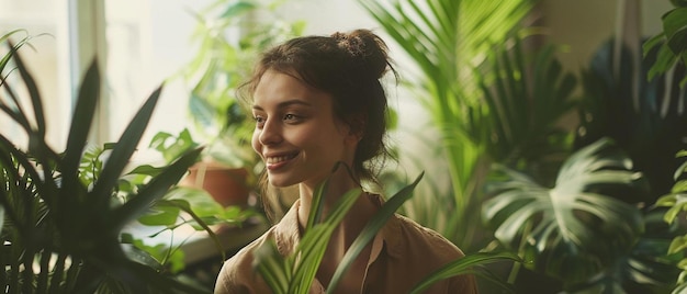 een vrouw die glimlacht voor een raam omringd door planten