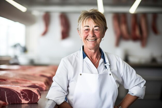 een vrouw die glimlacht voor een vlees met de woorden chef er op