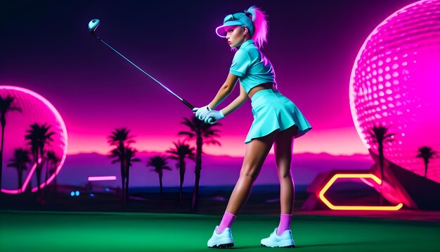 een vrouw die golf speelt met een golfclub en palmbomen op de achtergrond