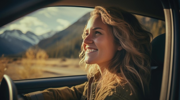 Een vrouw die graag een auto bestuurt tijdens het reizen Gemaakt met generatieve AI-technologie