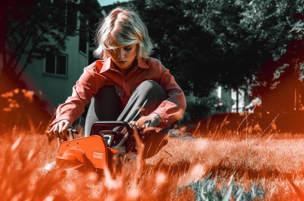 Een vrouw die gras snijdt in een tuin