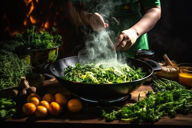 een vrouw die groenten kookt in een wok op een tafel