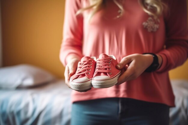 Foto een vrouw die haar eerste baby verwacht, toont haar eerste schoentjes.