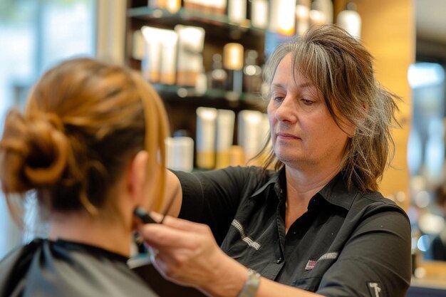 Foto een vrouw die haar haar laat knippen in een salon.